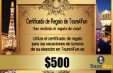 Certificado de Regalo de Tours4Fun - $500