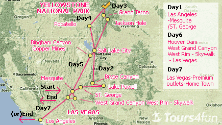 7-Day Yellowstone, Skywalk, West Grand Canyon Tour B
